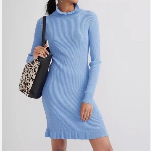 J. CREW $168 BLUE SUPERSCULPT RUFFLE NECK SWEATER MINI DRESS SIZE LARGE - Picture 12 of 12
